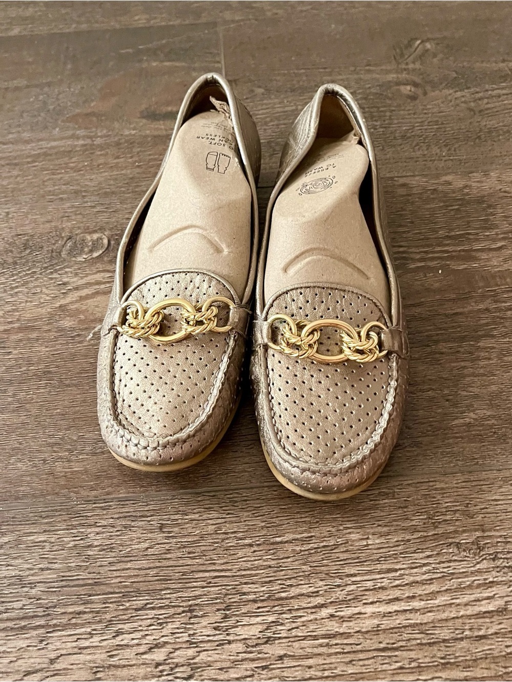 Stuart Weitzman Metallic Taupe Loafers with Gold Chain - Picture 2 of 14